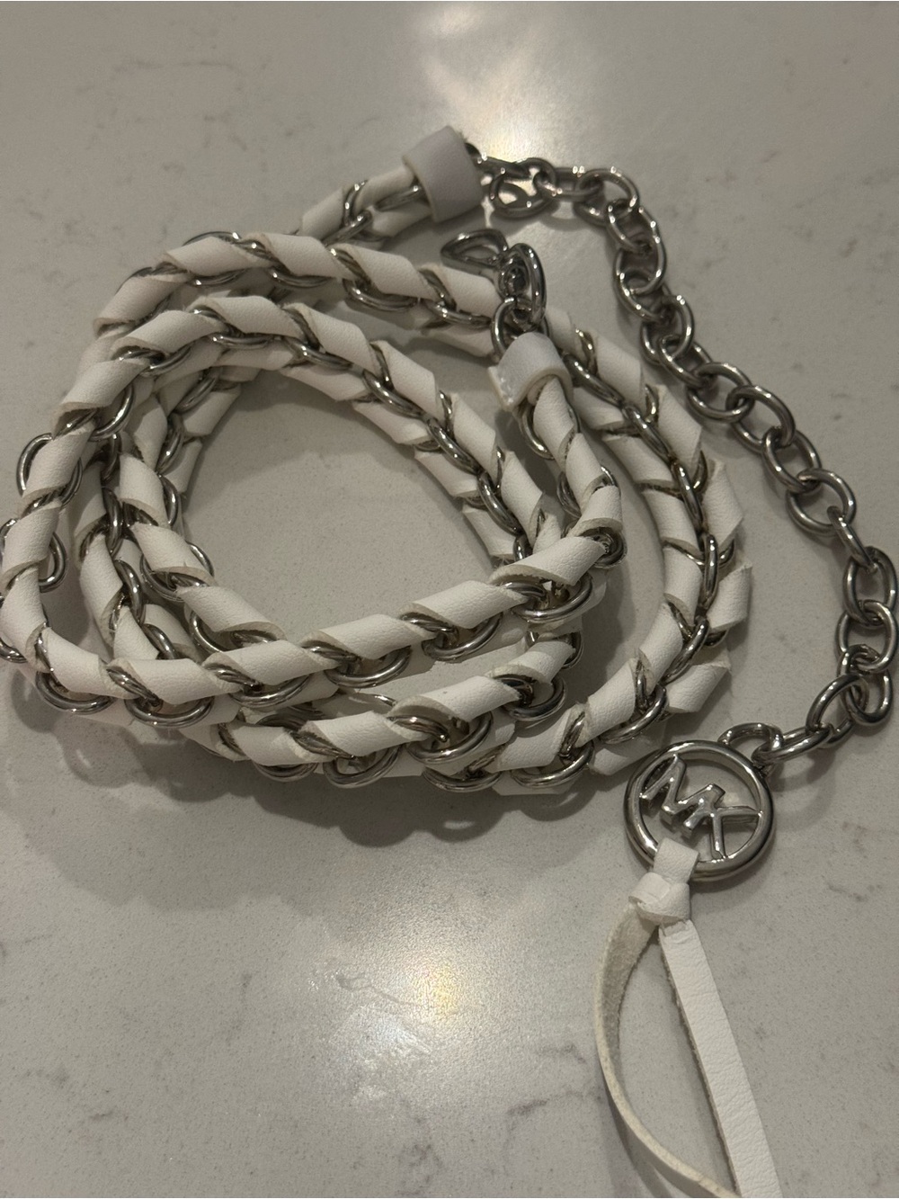 New Michael Kors White Leather Braided Chain Waist Belt with MK Charm